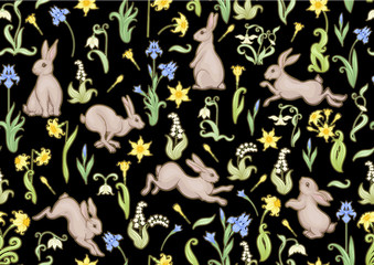 Seamless pattern, ackground with spring flowers and rabbits, hares. Colored vector illustration.