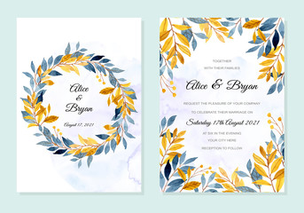 wedding invitation card with blue yellow leaves watercolor