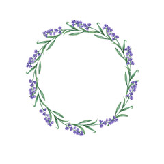 Lilac lavender flowers and green leaves round border isolated on white background. Hand drawn watercolor illustration.