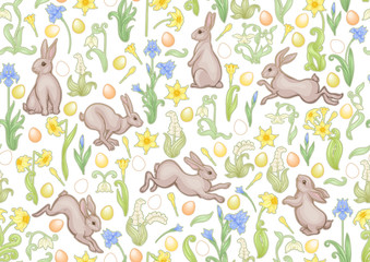 Fototapeta na wymiar Seamless pattern with a hares, colored eggs and spring flowers for easter. Colored vector illustration. In art nouveau style, vintage, old, retro style. Isolated on white background.