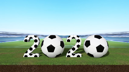 Happy new year 2020 on the field.soccer concept. 3d rendering