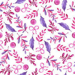 Fototapeta na wymiar Seamless pattern with decorative leaves and branches, lilac feathers and pink bows on white background. Hand drawn watercolor illustration.