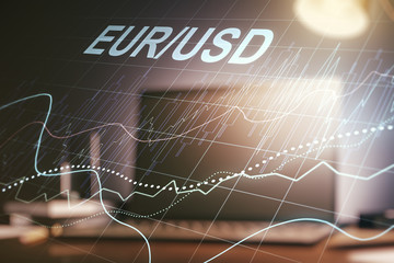 Creative EURO USD forex graph sketch on modern laptop background, strategy and forecast concept. Multiexposure