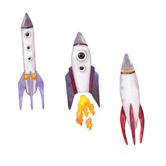 Cartoon space ship collection. Doodle rocket set. Hand drawn watercolor illustration.