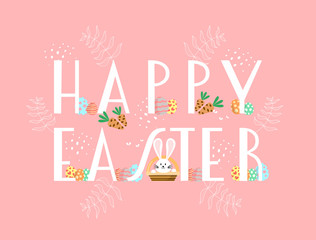 Happy easter concept containing text art, bunny and easter egg.