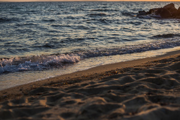 Rocky seashore of Elia Nikiti in sunset, Chalkidiki, Greece