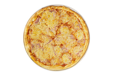 Pizza whole round, cut into pieces, on a white isolated background. Fast food in a pizzeria, a floury cheese product, view from above