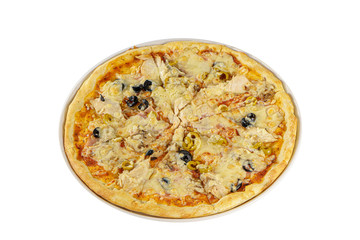 Pizza whole round, cut into pieces, on a white isolated background. Fast food in a pizzeria, a floury cheese product. Side view