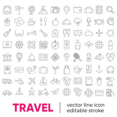Obraz na płótnie Canvas Set of vector line icons and symbols in flat design travel with elements for mobile concepts and web apps. Collection of travelling icons for infographic, logo, website, catalog, blog, typography.