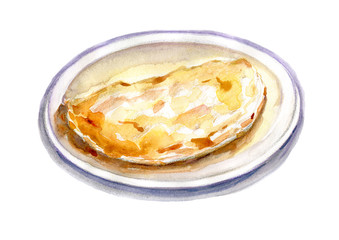 Watercolor hand-drawn sketch. Plate with fresh hot fried tortilla cheburek. Illustration isolated on white