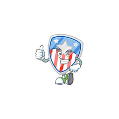 A mascot icon of shield badges USA with star making Thumbs up gesture
