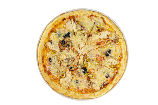 Pizza whole round, cut into pieces, on a white isolated background. Fast food in a pizzeria, a floury cheese product. View from above
