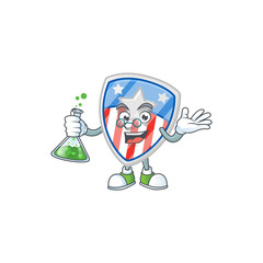 A genius Professor shield badges USA with star cartoon character with glass tube