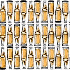 Hand drawn beer bottles on white background seamless pattern