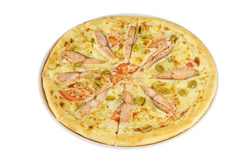 Pizza whole round, cut into pieces, with fish, chum salmon, olives, tomato, on a white isolated background. Fast food in a pizzeria, a floury cheese product, side View