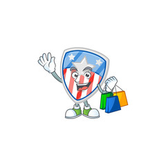 A rich shield badges USA with star cartoon design waving and holding Shopping bag