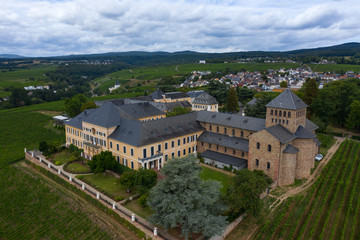 Blick von oben auf die Weinberge nahe Johannisberg/Deutschland und das Schloss Johannisberg