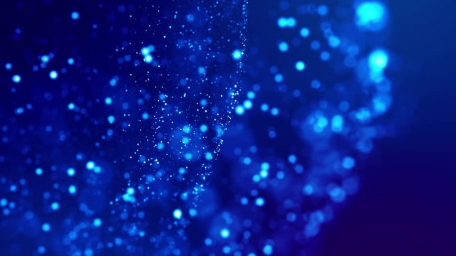 Magic blue glowing particles flow in viscous liquid and bright glisten. Science fiction. 4k 3d sci-fi background with glittering particles, depth of field and bokeh. Luma matte as alpha channel 147