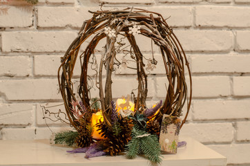 Christmas composition. Winter background. Christmas wreath. Handmade holiday wreath