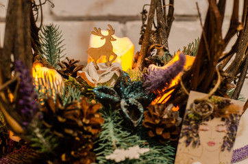 Christmas composition. Winter background. Christmas wreath. Handmade holiday wreath