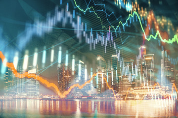 Financial chart on city scape with tall buildings background multi exposure. Analysis concept.