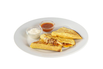 Quesadilla with minced meat and cheese, 3 slices, two sauces from tomatoes and sour cream, isolated white background, Side view