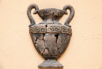Street Decoration. Large Clay Jars With Flowers On The City Street At The Tilled Wall