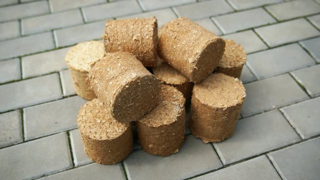 Round pellets of biofuel, from compressed sawdust and shredded paper