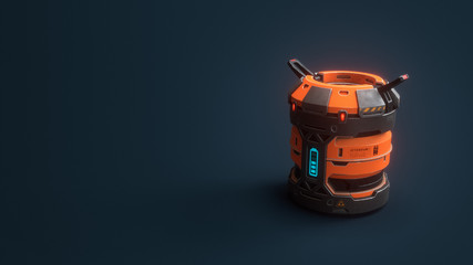 Fototapeta premium Science fiction military barrel with orange color. Concept art storage container for science fiction equipment. 3d rendering of a barrel on blue background.