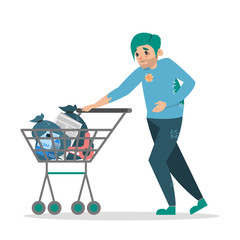 Homeless man walking with a shopping cart