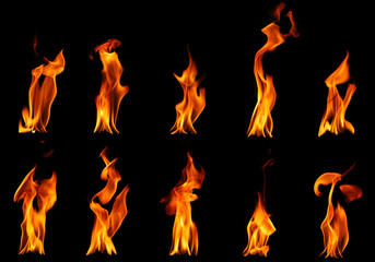 Collection set of fire and burning flame of candle light isolated on dark background for graphic...