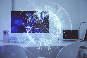 Double exposure of business theme icons and work space with computer background. Concept of success.