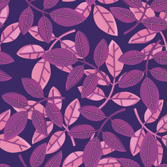 Purple and pink leaves seamless pattern on dark blue background. Elegant stylized plant leaves. Abstract design autumn pattern. Garden texture. Nature floral illustration with tree leaves. 3d render