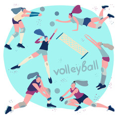 Athletic girl playing volleyball. Cartoon drawing drawn by hand. Healthy lifestyle. Active sport.