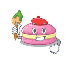 A cute picture of strawberry macarons as an Artist having a brush