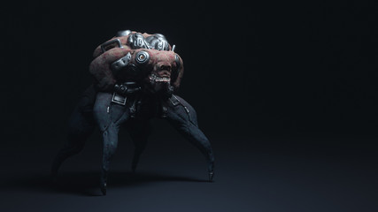 3d illustration of a cyberpunk horror monster spider standing on gray background. Futuristic post apocalypse red skin alien mutant in metal armor. Concept art sci-fi alien character with a scary smile © roman3d