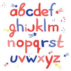 hand-drawn English alphabet. Cartoon isolated colored letters.