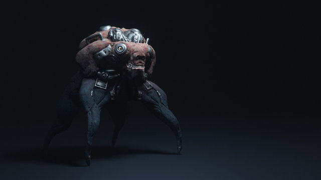 3d illustration of a cyberpunk horror monster spider standing on gray background. Futuristic post apocalypse red skin alien mutant in metal armor. Concept art sci-fi alien character with a scary smile