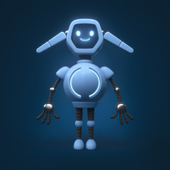 Little cute blue robot with ears. Friendly kawaii bot with glowing smiling face on the screen. Lovely Robotic Toy. Concept art of funny personal assistant robot. 3d illustration on blue background.