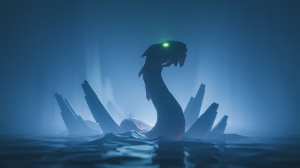 Huge medieval snake with glowing green eyes floating on water with sharp rocks in night scene in blue tones. Mythical creature. 3d illustration in low-poly style of the game location of the final boss © roman3d