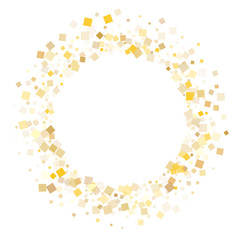 Chaotic gold square confetti tinsels falling on white. Rich holiday vector sequins background. Gold foil confetti party glitter graphic design. Overlay pieces invitation backdrop.