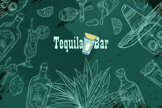 Tequila vector frame in engraving style with bottles, cocktails, sombrero, skull and agave on the dark background. For bars, pubs, restaurants in Mexican style. With space for your text.