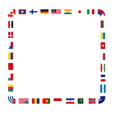 A lot of flags of sovereign states arranged in square frame on a white background
