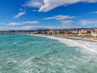 Fototapeta na wymiar Looking across the beautiful mediterranean sea to Promenade des Anglais in Nice France