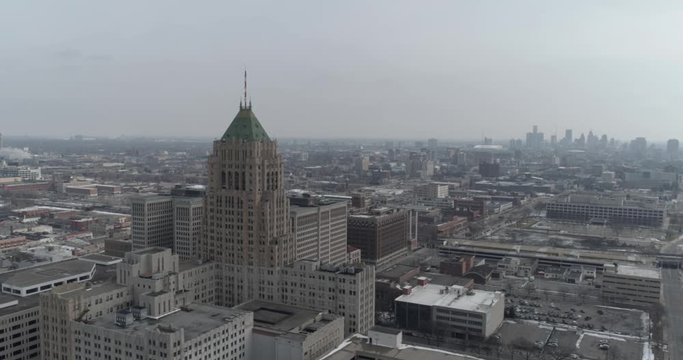 Aerial view of the Historic Fisher Building and surrounding landscape in Detroit. This video was filmed in 4k for best image quality.