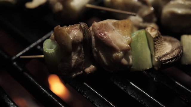 Delicious Japanese Yakitori grilling on the barbecue with chicken and vegetable brochette during a camping party in slow motion