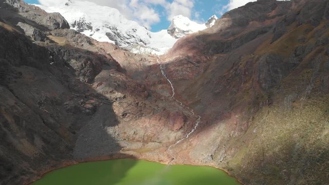 Green lake with river and glacier mountains, front the peruvian andes. Global warming effects.