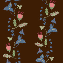 Fototapeta premium Stylized wildflowers and leaves. Vertical vector seamless color ornament on a dark background.