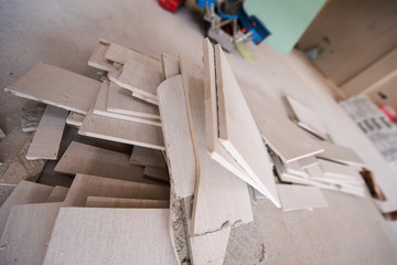 pile of ceramic wood effect tiles