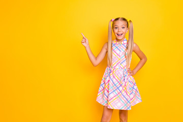 Photo of funny cheerful little lady good mood pretty long tails direct finger empty space show novelty wear checkered plaid summer dress isolated yellow bright color background